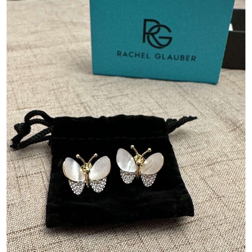 RACHEL GLAUBER Earrings 14k Gold Plated Mother Of Pearl Cubic Zirconia Butterfly - Picture 2 of 9